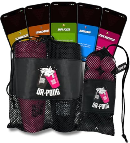 QR-Pong - Beer Pong mit App und 3.000 lustigen Aufgaben - 22 Wiederverwendbare Hartplastikbecher Made in Germany - Das coolste Geburtstagsgeschenk - Trinkspiel [SCHWARZ/PINK] (10er Bälle Set Bundle)