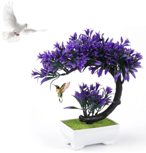 Bonsaï Artificiel Violet - Plante Fausse en Plastique de Haute Qualité avec | Pot Inclus - Mini Décoration Intérieur pour Salon, Salle à Manger, Bureau, Étagère, Balcon et Jardin - Facile d'Entretien