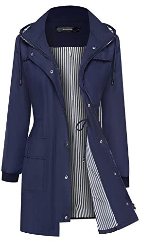 Bloggerlove Veste de pluie légère et imperméable à capuche pour femme - Coupe-vent à rayures - Tailles S à XXL, bleu marine, XX-Large