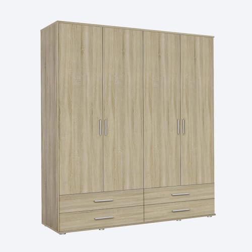 Rauch Möbel Rasant, Schrank Drehtürenschrank inklusive 4 Schubladen, 4-türig, Zubehörpaket Basic 2 Einlegeböden, 1 Kleiderstange, Eiche Sonoma, Holz, 52 x 168 x 188 cm