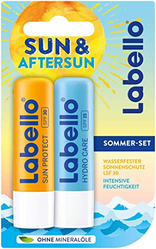 Labello Sun & Aftersun Lip Care Set Pack of 1 Lip Balm Set consisting of Waterproof Sun Protection with SPF 30 and Lip Care for Intense Moisture Parent
