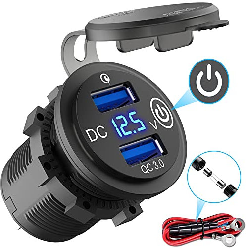 Quick Charge 3.0 USB Steckdose Auto mit Schalter: 12V KFZ Ladegerät USB Einbau Buchse Wasserdicht Zigarettenanzünder Dose mit blau LED Voltmeter Spannungsanzeige für Motorrad Boot LKW Wohnwagen
