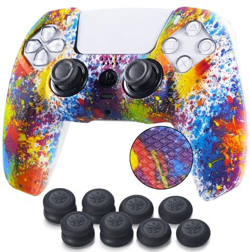 YoRHa Points Imprimé Housse Coques Autocollants en Silicone Skin Cover pour PS5 Dualsense Manette (Éclaboussure de Peinture) x 1 avec Prises de Pouce x 10