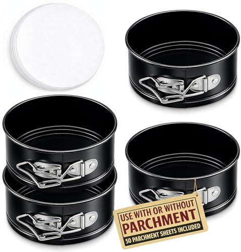 Tellshun 4 Pack Small Springform Cheesecakes Pan Tins Set 4 Inch Mini Baking Mold 4 Pieces Round Leakproof Nonstick Removable Bottom Bakeware for Pie Pizzas and Quiches Includes 50Pcs Parchment Paper