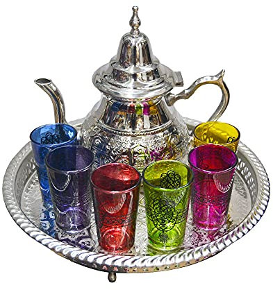 Juego de té marroquí completo. Incluye Tetera 800 ml bandeja 37 cm 6 vasos típicos de cristal de colores