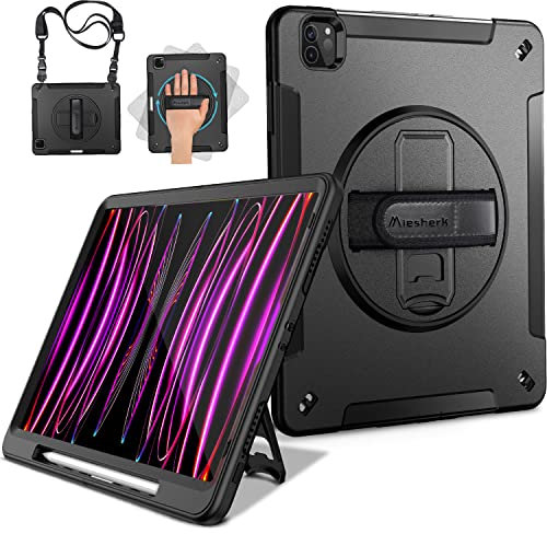 Miesherk Hülle für iPad Pro 12.9 2022/2021 6./5. Generation: Militärische Robuste 3-Schichte stoßfeste Schutzhülle Stifthalter - 360° Drehbare Ständer-Handschlaufe - Schultergurt -Schwarz