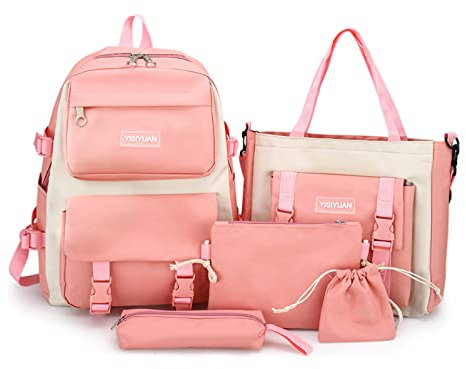 Ergocar Wasserdichtes Modisch Schultaschen-Sets 5 in 1 mit Handtasche, Federmäppchen, Münztasche, Schulrucksack für Kinder, Teenagers Schulranzen, Rucksack für Mädchen & Jungen, Rosa