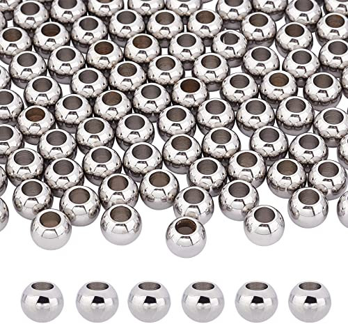 DICOSMETIC 100 Stück Edelstahl Zwischenperlen 8mm Quetschperlen Glatte Runde Perlen Europäische Lose Perlen 4mm Große Loch Perlen Paracord Perlen Für Schmuckherstellung DIY Armbänder Halsketten
