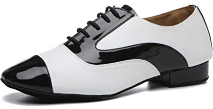 MINITOO Mens Dance Shoes Block Standard Heel Synthetic Leather Ballroom Dancing Shoes L495 Black/White UK 10.5