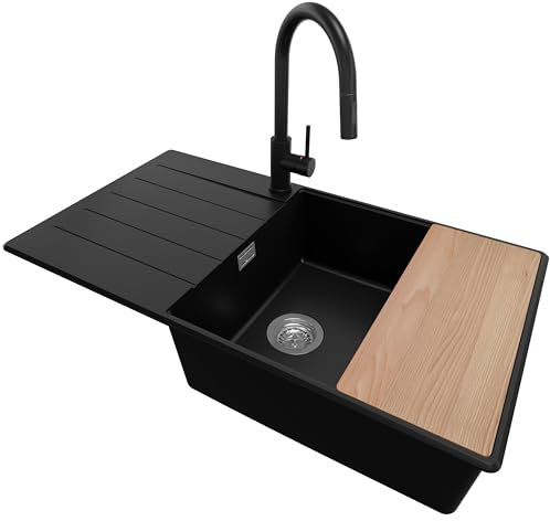Fregadero Granito Negro 90x50cm, Fregadero Cocina 1 Seno + Sifón + Grifo + Tabla de cortar, Fregadero sobre encimera al mueble 60cm - Copenhague Top de Primagran