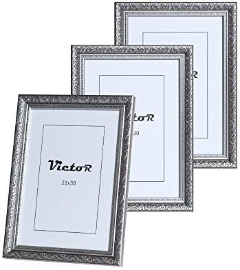 VictoR Vintage Bilderrahmen „Rubens“ 3er Set in 21x30 cm (A4) Schwarz Silber - Leiste: 30x20mm - Echtglas - Fotorahmen Barock - Bilderrahmen 20x30 Vintage - Fotorahmen A4 Schwarz