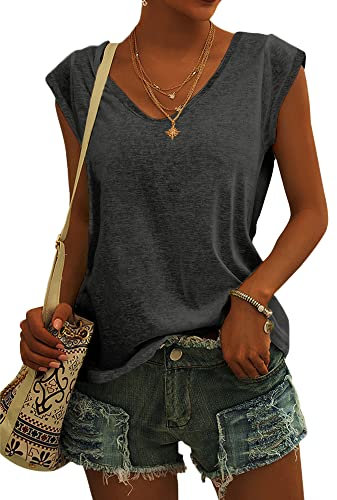 GeGekoko Womens Cap Sleeve Blouses T-Shirt Casual Loose Fit Basic Shirts Tank Tops Dark Grey
