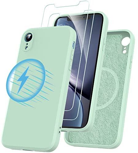 Losvick Coque pour iPhone XR Magnétique Silicone + 2X Verre Trempé avec MagSafe Recharge sans Fil, Coque Protection iPhone XR Antichoc Anti-Rayures Cover Case -6.1 Pouces -Vert Menthe