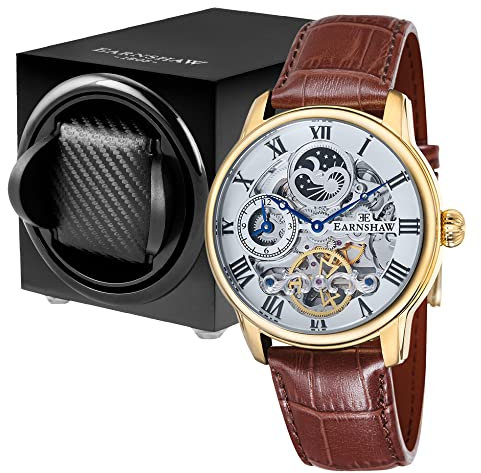 Thomas Earnshaw Automatik-Skelett-Uhr für Herren, 44 mm lang, doppelte Zeitzone, Armband aus Edelstahl, 12 Stunden, Anzeige Sonne und Mond und Rotor verziert, Watch & Watch Winder Geschenk-Set