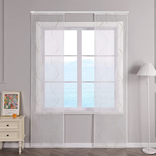 ESLIR Schiebegardinen Voile Flächenvorhänge Set 2er Schiebevorhang Wohnzimmer Gardinen mit Klettband Transparent Vorhang Bestickt Sand BxH 57x245cm 2 Stück