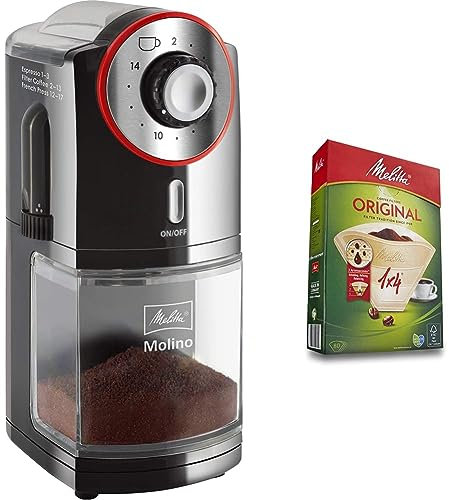 Melitta Molino Coffee Grinder, 1019-01, Electric Coffee Grinder, Flat Grinding Disc, Black/Red, CD - Molino - red mat & 6658076 Pack Original Size 1x4, 80, Filter Coffee Makers, Brown, Paper