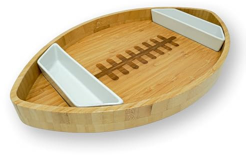 40YARDS Plato de bambú de fútbol Americano con 2 Cuencos de cerámica para Salsas - Cuenco de Madera XXL (40 x 24 cm) para Patatas Fritas, Verduras crudas, Nachos y Aperitivos
