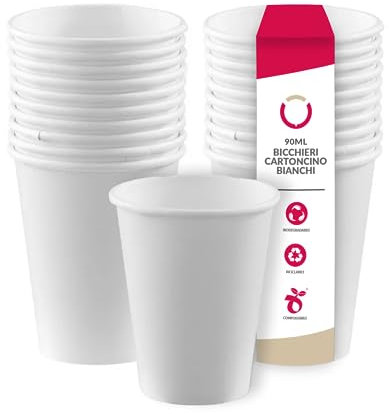 DOT Horeca Solutions 200 Bicchieri BIANCHI cartoncino 90 ML carta monouso usa e getta acqua caffè the cappuccino bicchiere bianco bevande calde biodegradabili compostabili e riciclabili bicchierini