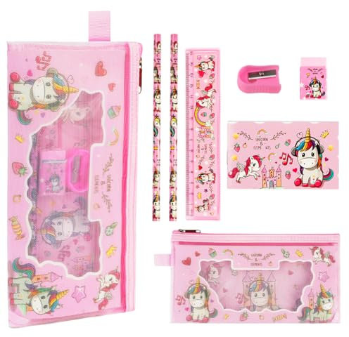 OFFCUP Einhorn Schreibwaren Set, 7pcs Einhorn Schreibwaren Geschenkset für Mädchen, Einhorn Geschenke für Mädchen Federmäppchen, Bleistift, Lineal, Notizbuch, Anspitzer, Radiergummi
