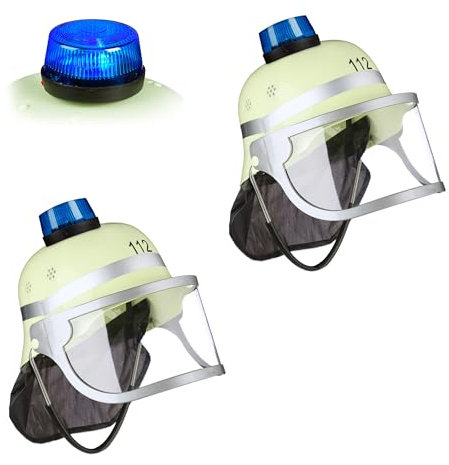 Relaxdays Feuerwehrhelm Kinder 2er Set, verstellbar, klappbares Visier, Nackentuch, Blaulicht, HBT 28,5x22,5x28 cm, gelb, 22.5 cm