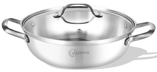 LOLYKITCH 13 Inch Tri-Ply Stainless Steel Sauté Pan with Lid,Everyday Pan,Kadhai,Large Skillet,Jumbo Cooker,Induction Deep Frying Pan,Dishwasher and Oven Safe.(12-3/4 Inch 5 Quarts)