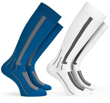 Basic Treasure 2 Paar Kompressionsstrümpfe Damen und Herren – Stützstrümpfe für Flug, Reise & Alltag (Weiß/Blau, 35-38)