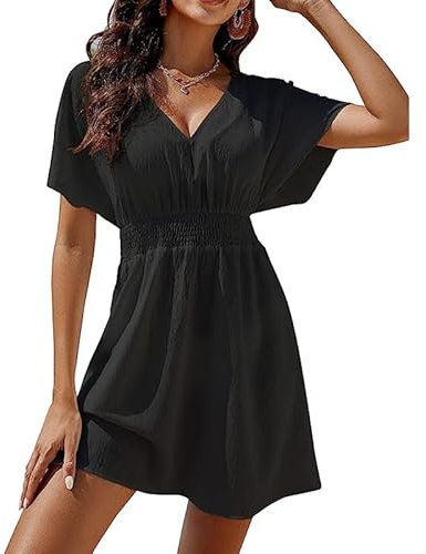 Satohom Women Summer Dress Casual V Neck Mini Dresses Short Sleeve A-line Ladies Dresses for Party Tunic Dress Gathered Waistline Vintage Beach Sundress Cotton for Lady,Black,White,S-L