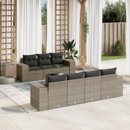 Rantry Set Schlafsofa, Wohnzimmer, Sofa, Garten, modernes Sofaset für den Außenbereich, Gartenmöbel, 8-teiliges Set mit grauen Kissen aus Polyrattan, Ez