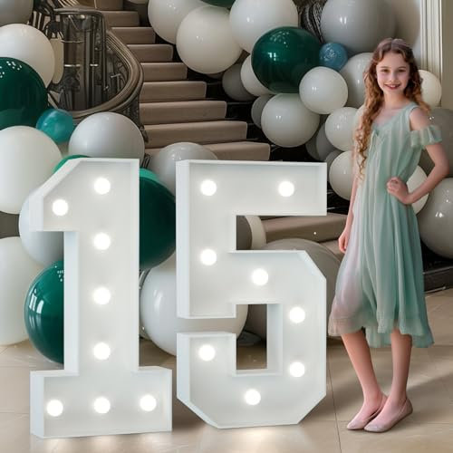 imprsv Light Up Numbers 3FT Large 15th Birthday Decorations For Girls Boys Anniversary Decorations Party Decor Neon Sign Foam Board Marquee Numbers 15 Balloon Arch Backdrop