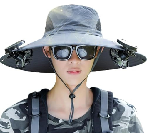 Solar Fan Hat with Solar Fan | Sun Hat UPF 50+ with 2 Solar Fans - Sun Hat UPF 50+ Wide Brim Solar Fan Outdoor Fishing Hat for Golf Agriculture Fishing Cycling Travel, black, 7 1/8
