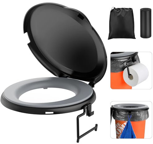 PAHTTO Portable Toilet Seat for 5 Gal Buckets, Camping, Hiking, Emergency, Car, Boat with Soft Cushion, TP Holder, Rotatable Lid, Black