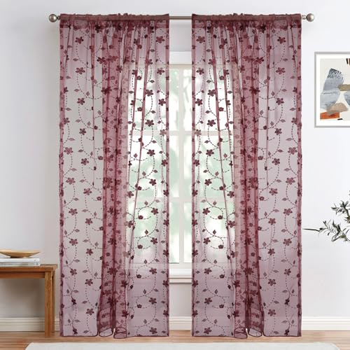 BUHUA Voile Vorhänge Halbtransparent Vorhang Stickerei Gardinen mit Stangendurchzug Gardinenschals im Blätter Blumen Muster für Wohnzimmer Dekor 2er Set, 175x140cm (HxB) Burgund