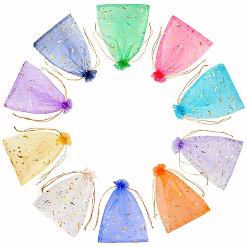 CLTPY 100 Stück Organzasäckchen 13x18cm Bunt Organzabeutel mit Stern und Mond Geschenksäckchen, Organza Säckchen zum Befüllen, Kordelzug Schmuckbeutel, Weihnachtstüte Hochzeiten Parteien
