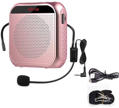 Amplificador de Voz, Sistema de PA Recargable,2200mAh,micrófono Recargable para Profesores,Guías Turísticos, Altavoz Portatil con Microfono, Auriculares y Cintura (Rosa)