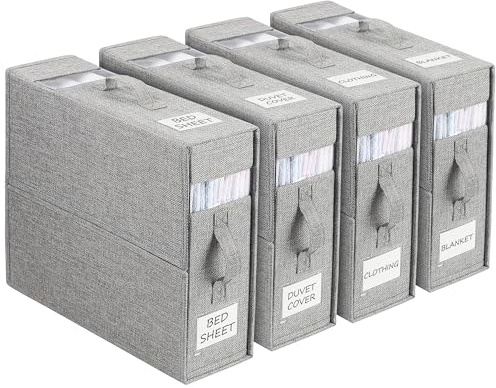 Yeahshion Aufbewahrungstasche für Bettlaken, 4 Stück Faltbare Bettwäsche Organizer, Praktische Lagerung von Bettwäsche und Decken für King & Queen Size Betten, Grau