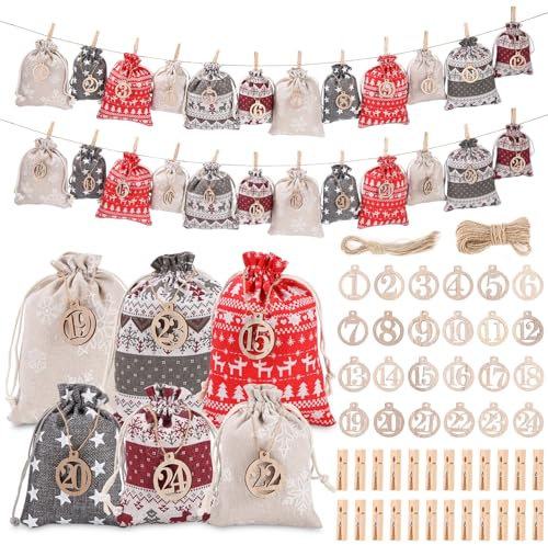 Adventskalender zum Befüllen,24 Adventskalender säckchen Selber Befüllen(2 Größe),Tüten für Adventskalender Selber Befüllen mit Zahlen aus Holz 1-24,Adventskalender säckchen für Kinder Frauen Männer