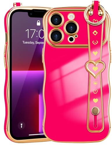 LLZ.COQUE for iPhone 13 Pro Max Case Love-Heart Wrist Strap Wave Frame