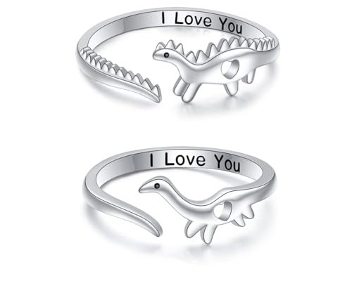 Flyow Dinosaurier Paar Ringe 925 Sterling Silber Niedliches Offen Dinosaurier Ring für Ihn und Sie Set Passende Herz Versprechen Ringe I Love You Verlobungs und Ehering