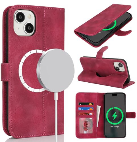 Zouzt Case for iPhone 14/13 (6.1), [Compatible with MagSafe] Magnetic PU Leather Wallet Case with Card Holders and Kickstand, Wireless Charging Flip Folio Phone Cover - Vintage Red