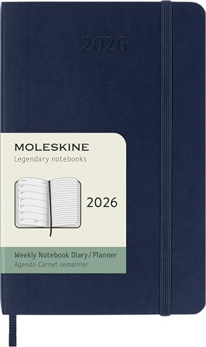 Moleskine Wochenplaner, Wochenagenda 2026 12 Monate mit Platz für Notizen, mit weichem Einband und Gummibandverschluss, Pocket-Format 9x14, Farbe Blau