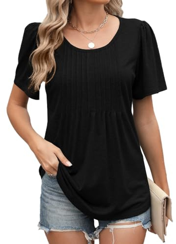 Famulily Womens Short Sleeve Black T Shirts Round Neck Pleated Tops Summer Fashion Dressy T-Shirt (M, Black)