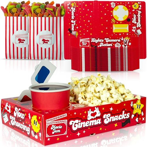 Moviejam Movie Night Snack Trays - (40pcs Red) 20 Cardboard Popcorn Boxes, 20 Paper Candy Bags