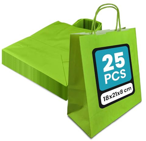 Netuno 25 Papiertüten mit Henkel Grün 18 x 21 x 8 cm bunte Papiertaschen Kraftpapier Papiertragetasche mit Griff farbige Geschenktüten Kraftpapiertüten Papierbeutel farbig