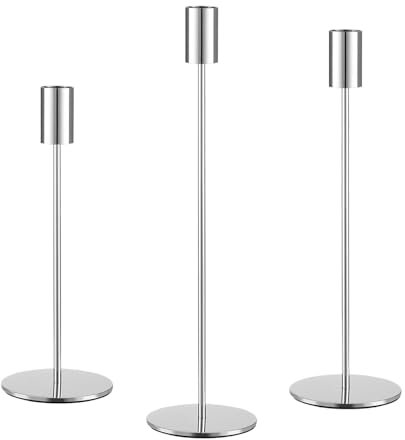 Filltown Silber Kerzenhaltern Set 3, Kandelaber Stabkerzen 32/27/22CM, Dekorativer Vintage-Kerzenhalter aus Metall für Kaminsimse, Hochzeiten, Abendessen, Geburtstage, Tischmitte, Wohnkultur