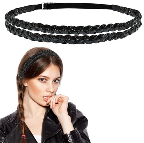 UEIOAVL Mode-Stirnbänder für Frauen, 1 Stück schwarzes PU-Haarband für Damen doppelt geflochten dünnes elastisches Stirnband verstellbare Größe Boho-Hochzeit Vintage-Stirnband für Frauen und Mädchen