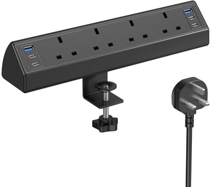 Desk Clamp Power Socket USB C Slots, 40W Total Fast Charging Station, 4 Way Desk Extension Lead with Switch, Desktop Power Strip 2M for Home Office, Fit 1.9 Tabletop Edge(Black)