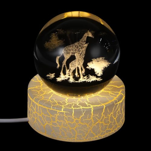 UKCOCO 3D-Giraffen-Kristallkugel-Figur: 6 cm Giraffenmuster, Glaskugel mit LED-Licht, warmes Licht, Ständer, Raum, Desktop-Ornament für Tierliebhaber