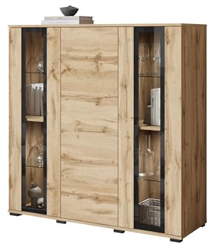 Mirjan24 Kommode Clarkoy HB 120 mit 3 Türen, gehärtetem Glas, griffloses Öffnungssystem, Highboard in Naturtönen – Mehrzweckschrank (Wotan, mit LED Beleuchtung)