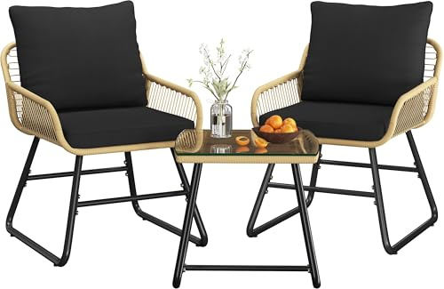 Yaheetech Conjunto de Muebles de Jardín Mesa y Sillas Terraza de 3 Piezas | 2 Sillones con Cojines y Almohadas, y 1 Mesa de Cristal, para Balcón/Porche/Patio,Color Beige y Black