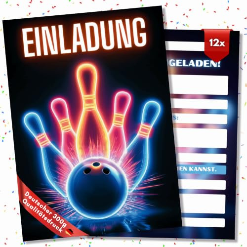 HIDEBLOOM Bowling Einladungskarten Kindergeburtstag Junge - 12 Stück - DIN A6 (10,5 cm x 14,8 cm) - Einladung Bowling Kindergeburtstag - Einladungskarten Bowling Kinder - Neon